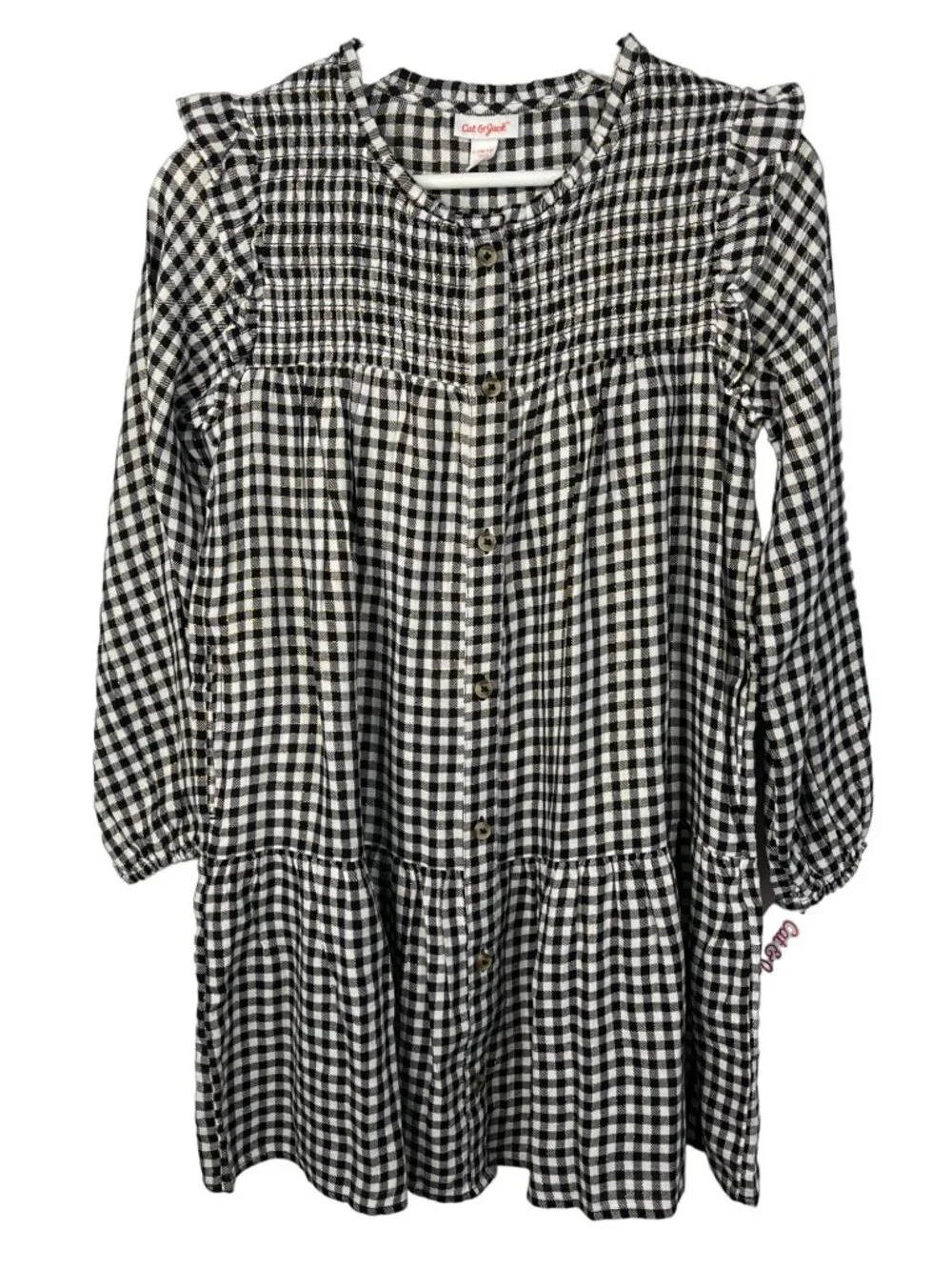 Cat & Jack Girls M 7/8 Black Metallic Plaid Peasant Dress Long Sleeve Fall